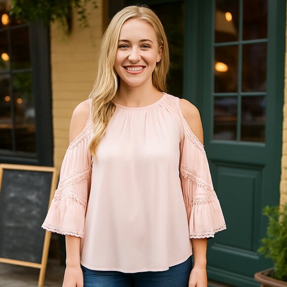 Vertiche Semi sheer pink chiffon cold shoulder blouse Size Med - Picture 2 of 10